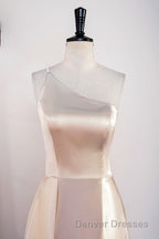 Champagne One Shoulder A-line Satin Tea Length Bridesmaid Dress