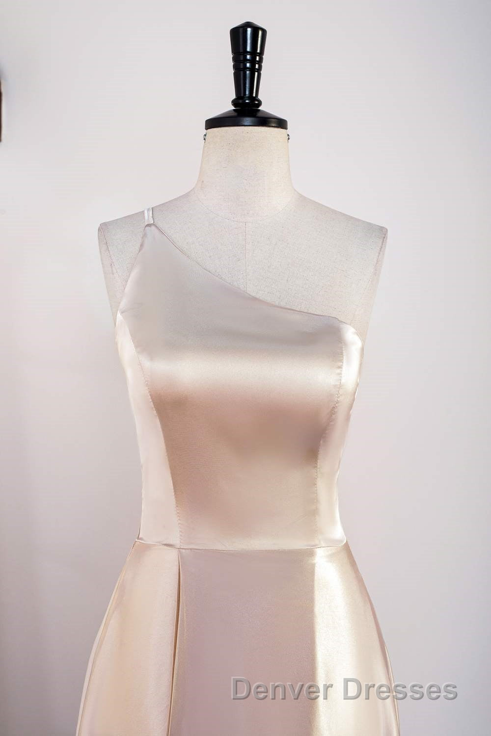 Champagne One Shoulder A-line Satin Tea Length Bridesmaid Dress