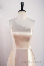 Champagne One Shoulder A-line Satin Tea Length Bridesmaid Dress