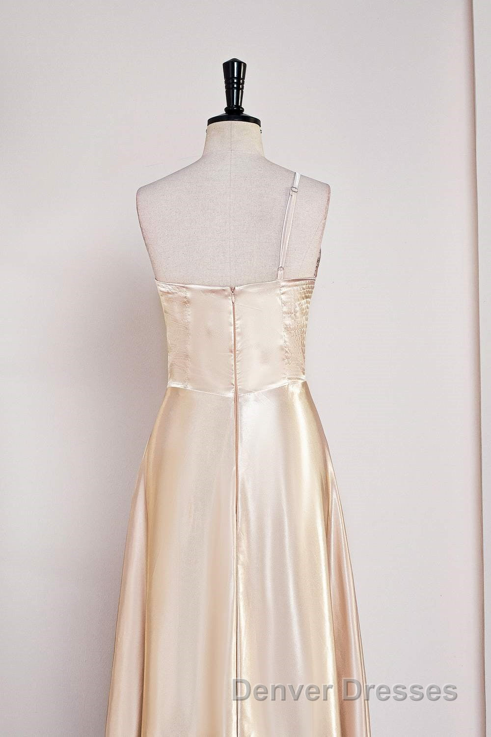 Champagne One Shoulder A-line Satin Tea Length Bridesmaid Dress