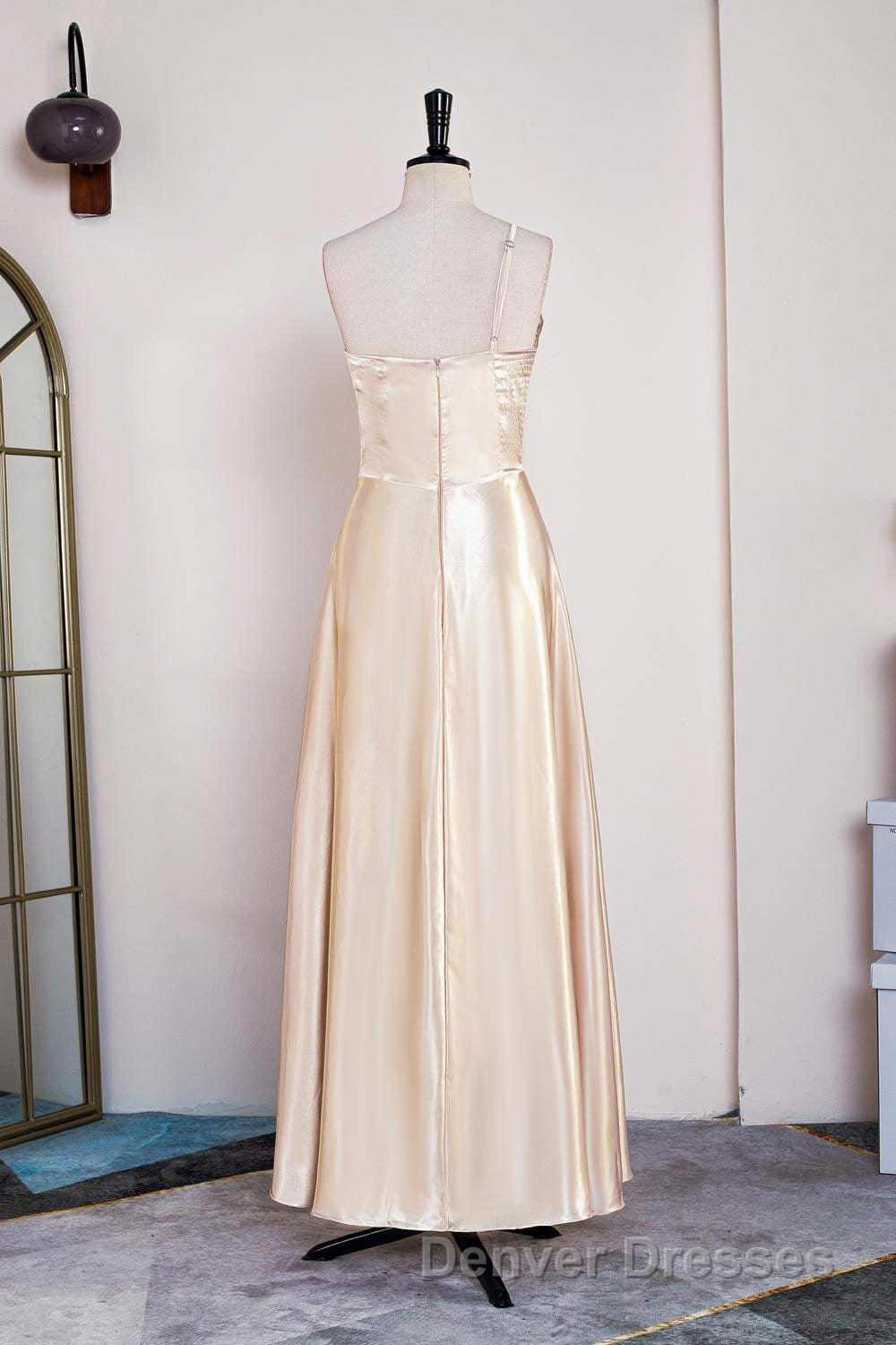 Champagne One Shoulder A-line Satin Tea Length Bridesmaid Dress Secondary image