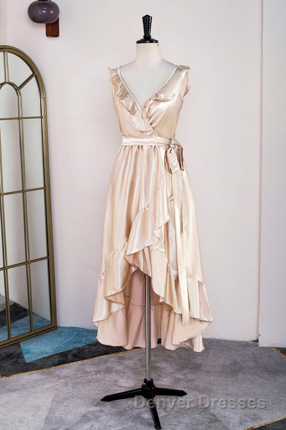 Champagne Ruffled Faux-Wrapped A-line Hi-Low Bridesmaid Dress with Sash Secondary image