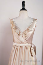Champagne Ruffled Faux-Wrapped A-line Hi-Low Bridesmaid Dress with Sash