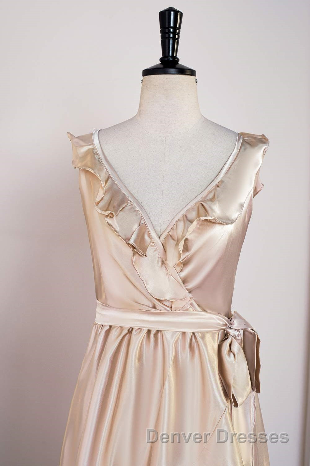 Champagne Ruffled Faux-Wrapped A-line Hi-Low Bridesmaid Dress with Sash