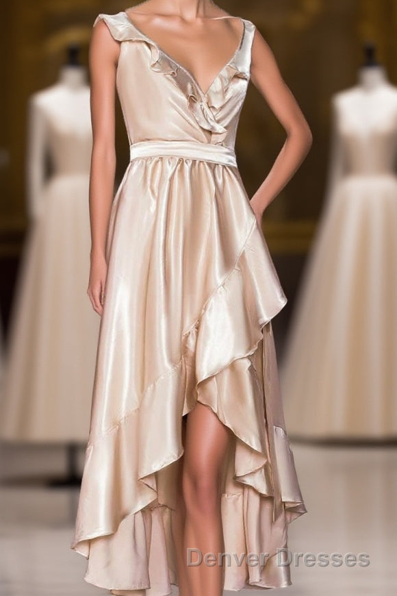 Champagne Ruffled Faux-Wrapped A-line Hi-Low Bridesmaid Dress with Sash