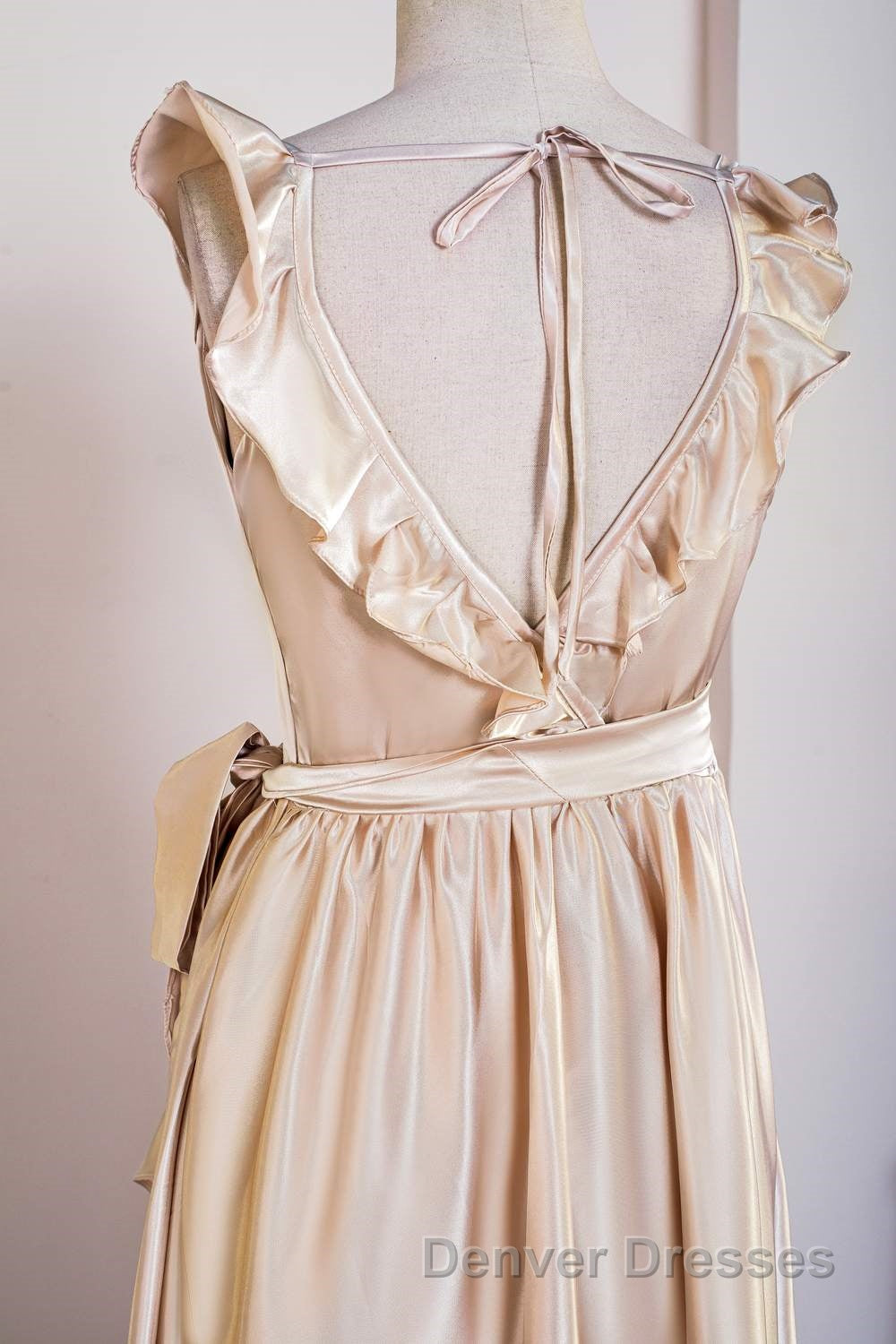 Champagne Ruffled Faux-Wrapped A-line Hi-Low Bridesmaid Dress with Sash