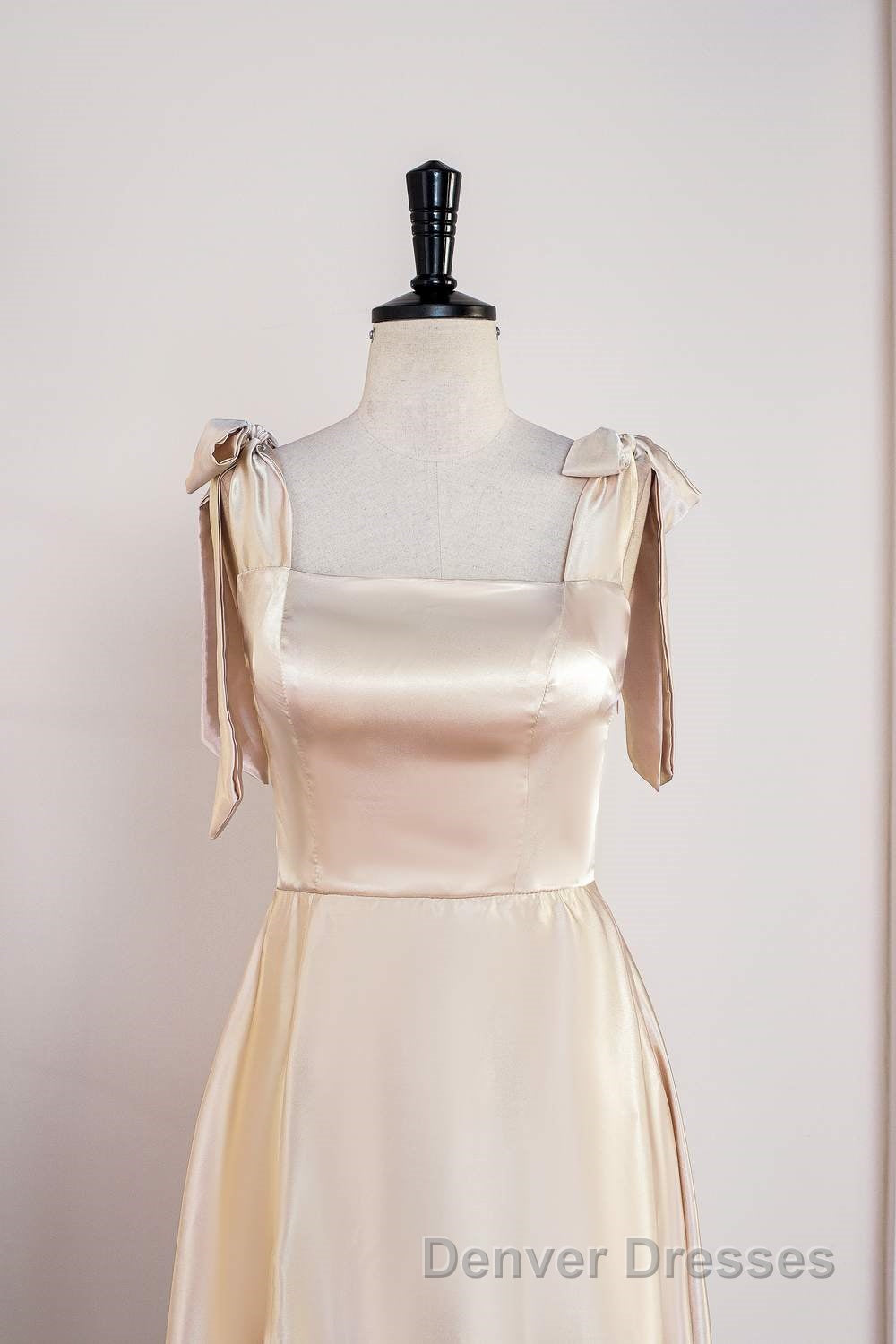 Champagne Bow Tie Straps A-line Satin Tea-Length Bridesmaid Dress