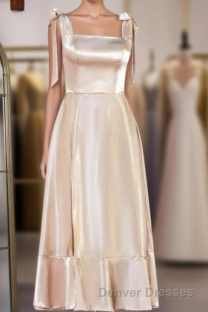 Champagne Bow Tie Straps A-line Satin Tea-Length Bridesmaid Dress Main image