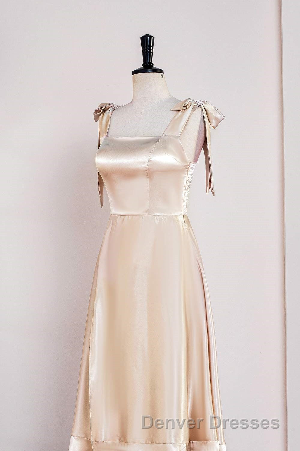 Champagne Bow Tie Straps A-line Satin Tea-Length Bridesmaid Dress
