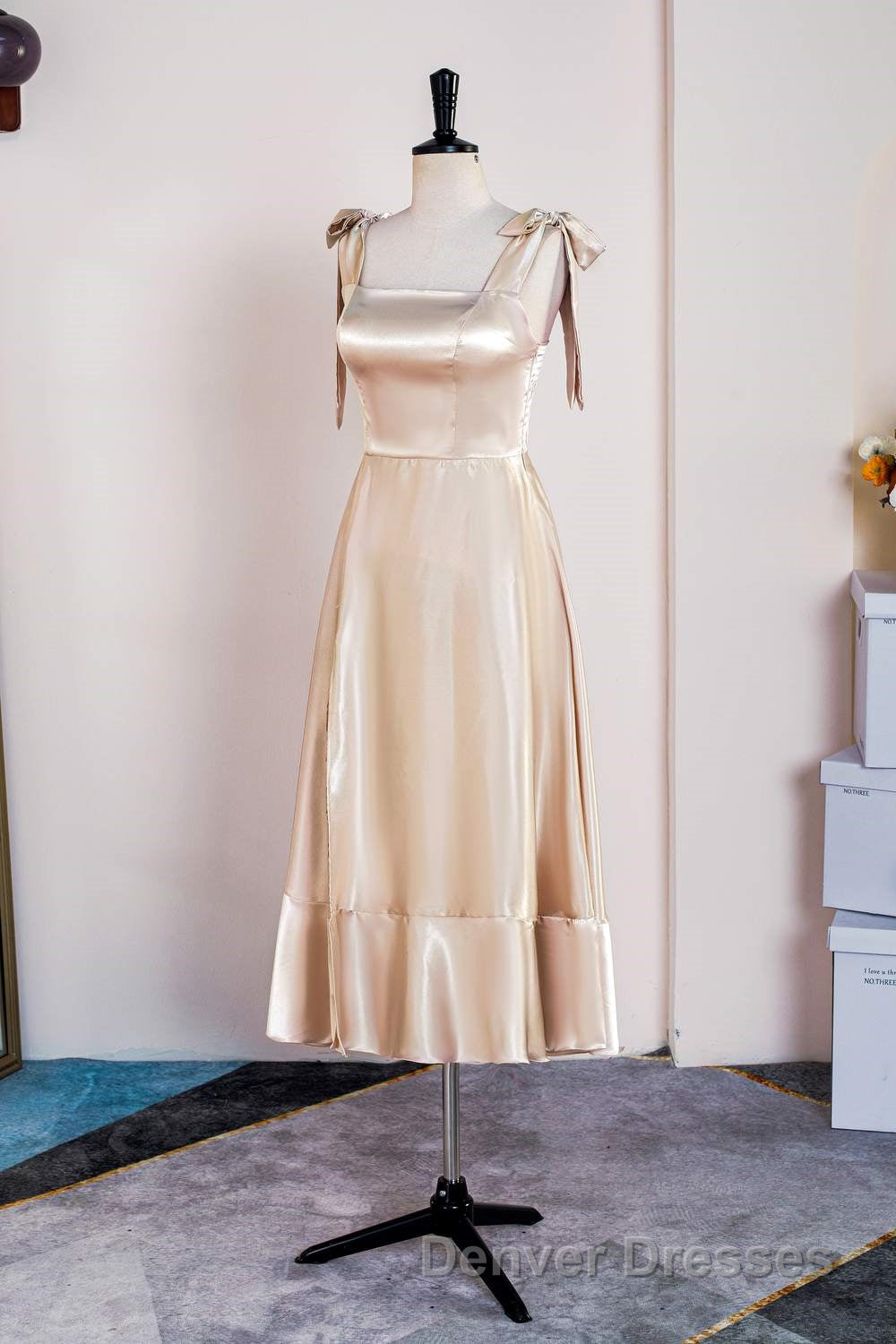 Champagne Bow Tie Straps A-line Satin Tea-Length Bridesmaid Dress Secondary image