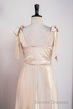 Champagne Bow Tie Straps A-line Satin Tea-Length Bridesmaid Dress