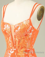 Orange Double Spaghetti Straps Glitter SequinTight Homecoming Dress