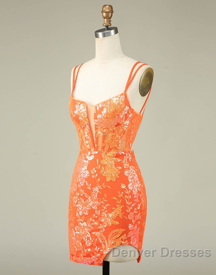 Orange Double Spaghetti Straps Glitter SequinTight Homecoming Dress Secondary image