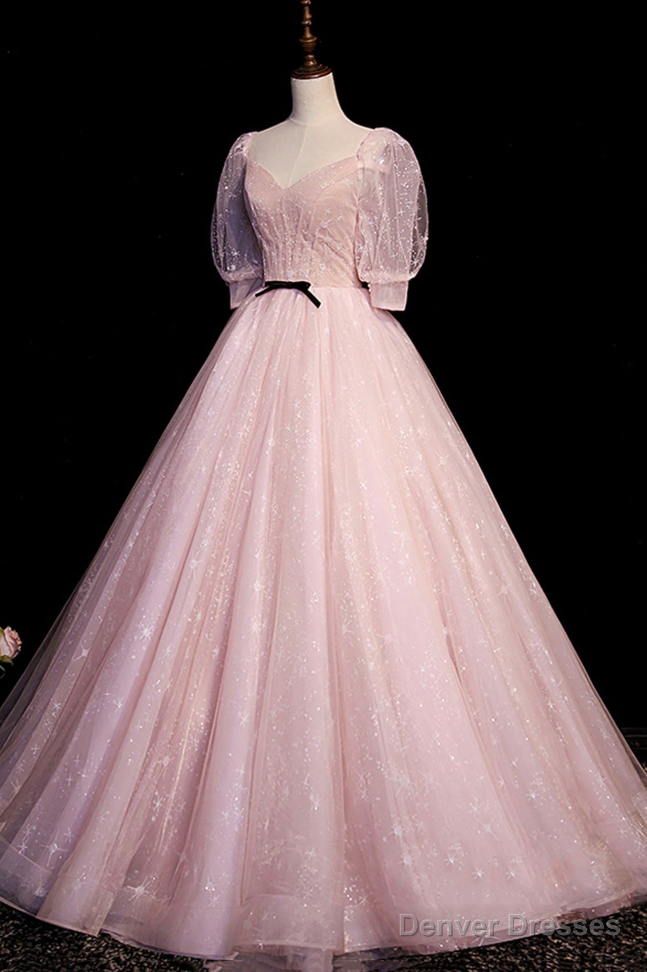 Pink V-Neck Tulle Long Prom Dress, A-Line Short Sleeves Evening Dress Secondary image