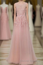 Pink Lace Tulle Long A Line Prom Dress, Pink Evening Dress, 1