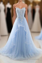Light Blue Tulle Lace Long Prom Dress, Formal Dress
