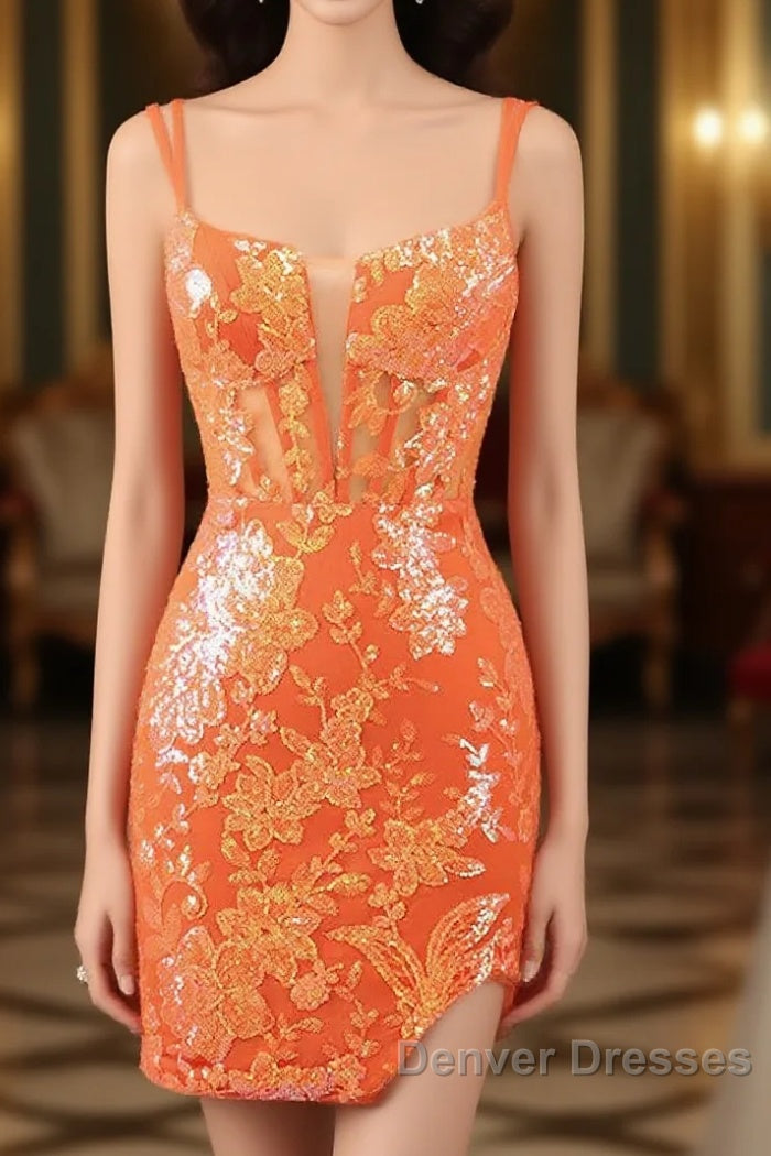 Orange Double Spaghetti Straps Glitter SequinTight Homecoming Dress Main image
