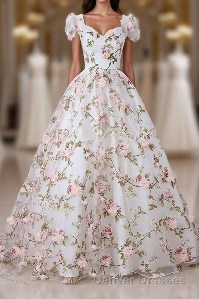 White V Neck 3D Flowers Long Prom Dress, White Evening Dress Main image