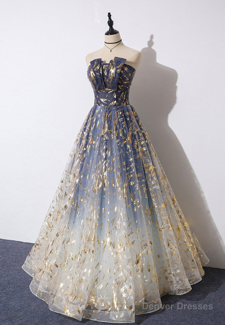 A-Line Strapless Tulle Long Prom Dresses, Cute Evening Party Dresses Main image