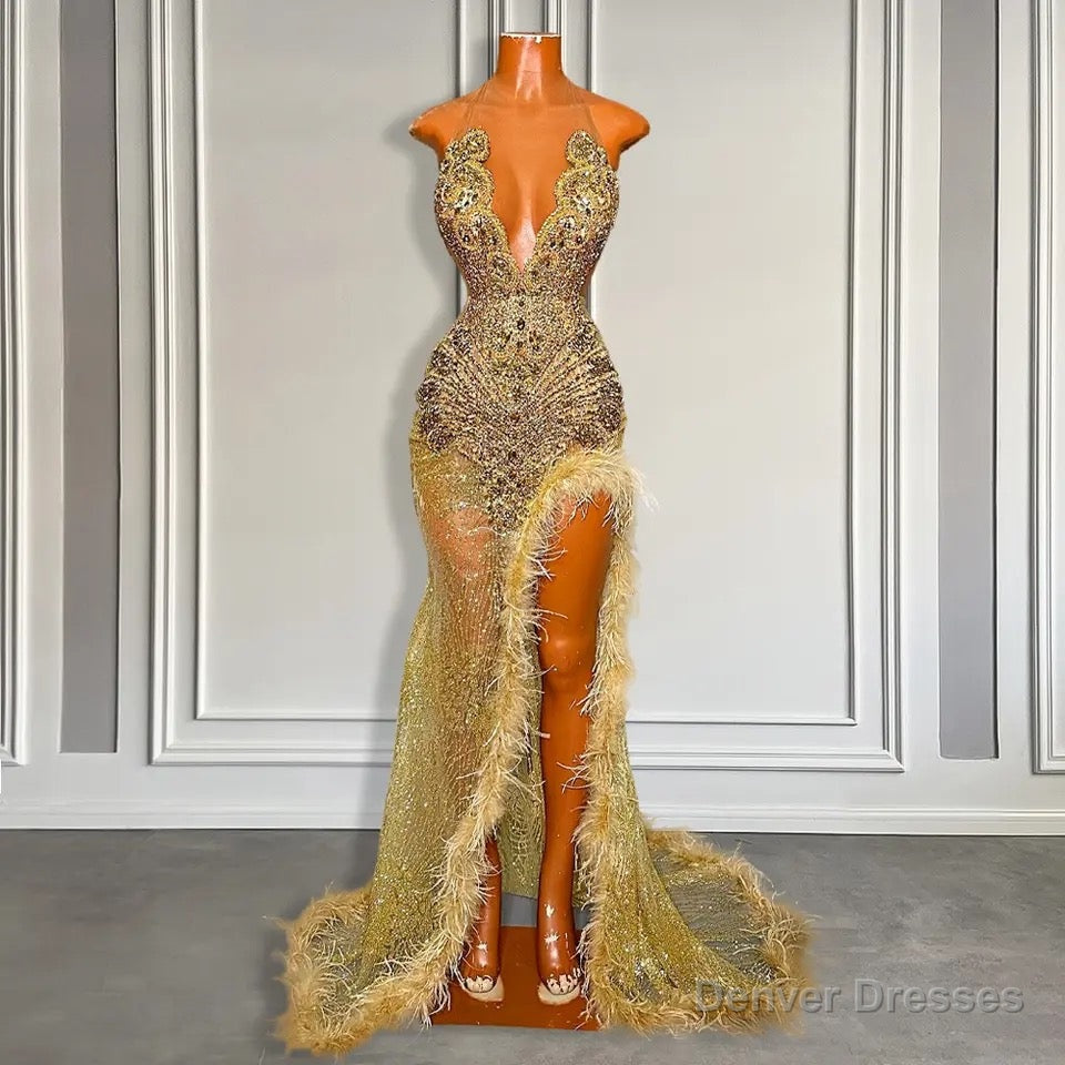 Gold Sleeveless Mermaid Prom Dress with Sequins High Slit and Feather Beadings Secondary image