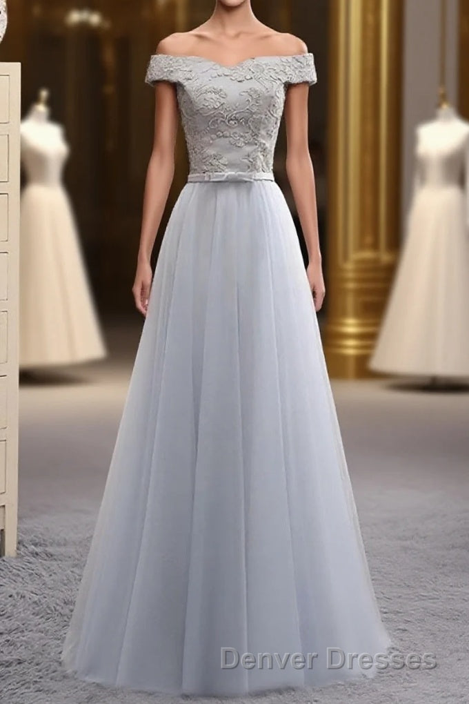 A Line Lace Tulle Off Shoulder Long Prom Dress, Evening Dress Main image