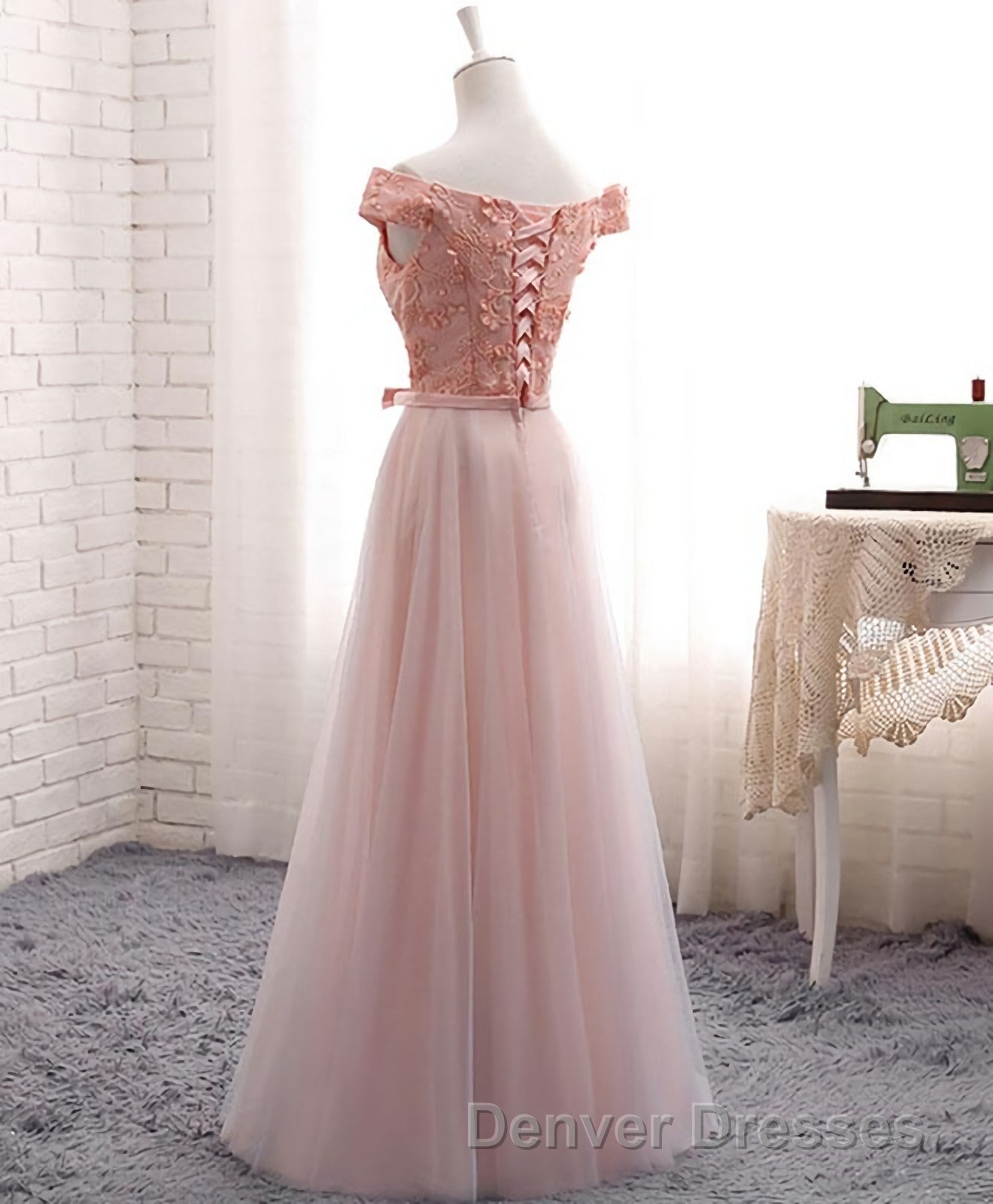 A Line Lace Tulle Off Shoulder Long Prom Dress, Evening Dress Secondary image