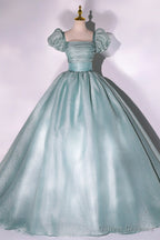 Green Tulle Floor Length Prom Dress, Lovely Short Sleeve Formal Evening Gown
