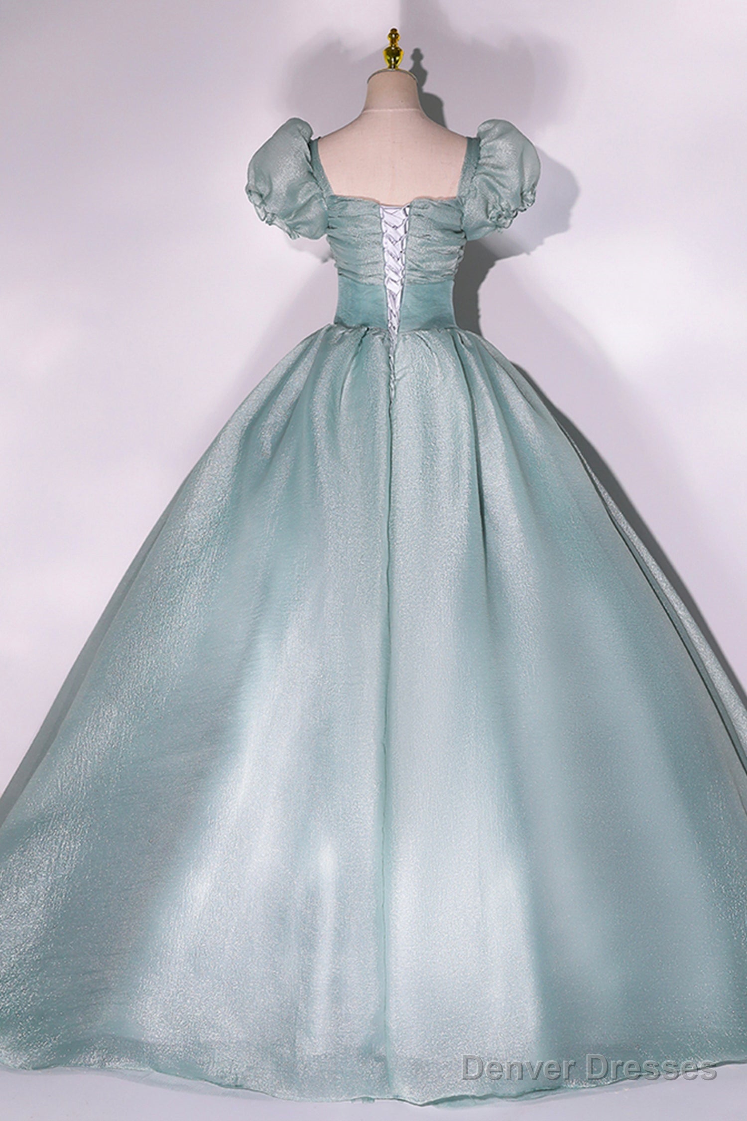 Green Tulle Floor Length Prom Dress, Lovely Short Sleeve Formal Evening Gown Secondary image