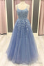Blue Tulle Lace Applique Long Prom Dress, Lace Formal Dress