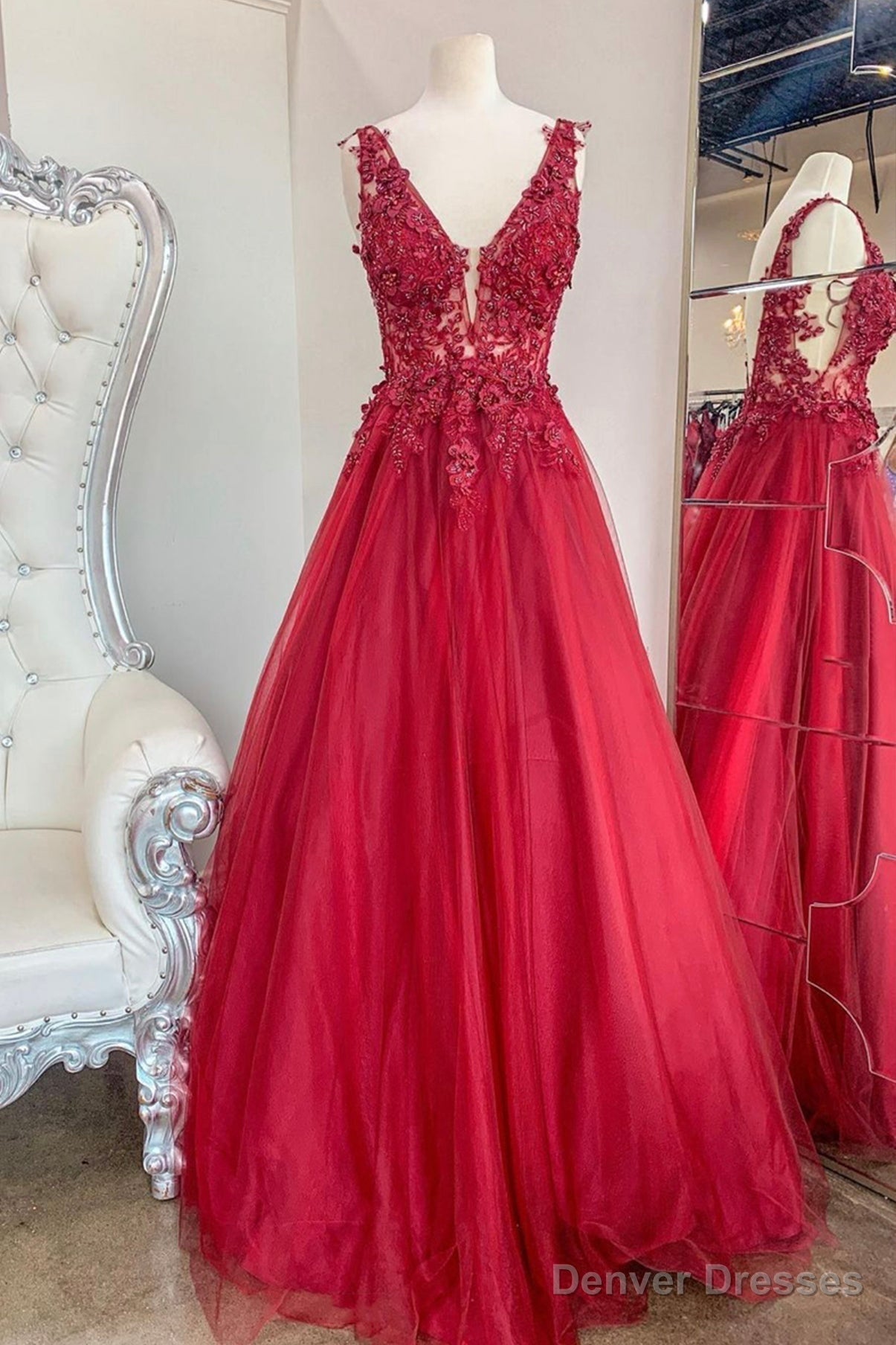 Red V-Neck Tulle Lace Long Prom Dresses, A-Line Red Evening Party Dresses Main image