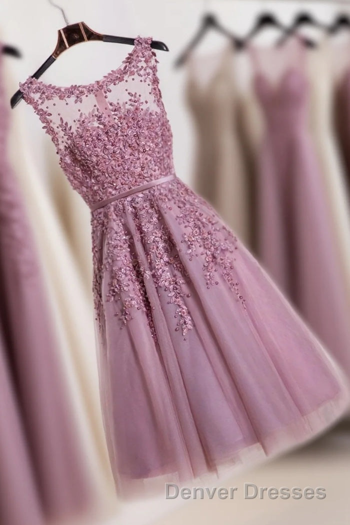 Cute Pink Lace Tulle Short Prom Dress, Pink Evening Dress Main image