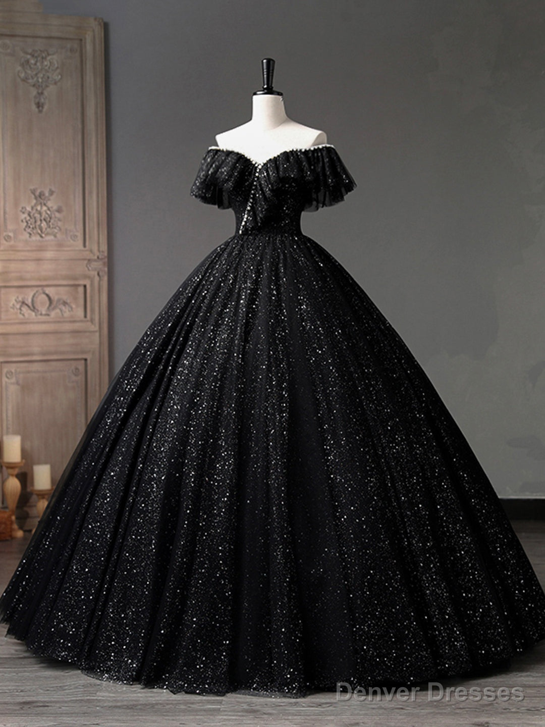 Black Tulle Long A-Line Prom Dress, Shiny Off Shoulder Evening Dress Secondary image