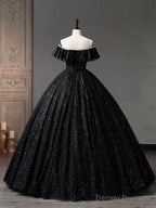 Black Tulle Long A-Line Prom Dress, Shiny Off Shoulder Evening Dress
