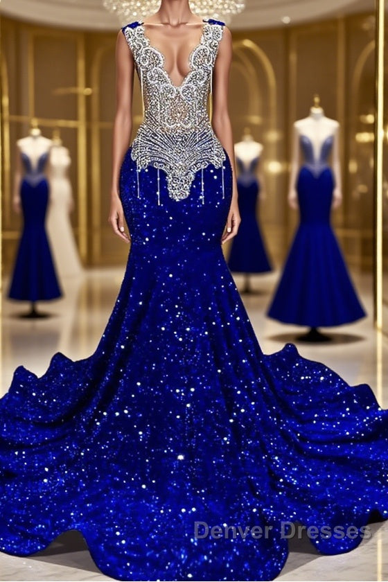 Royal Blue Sleeveless Mermaid Prom Dress with Beadings and Sequins