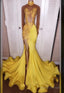 2025 Junoesque Yellow Split Mermaid/Trumpet Long Sleeve Satin Prom Dresses