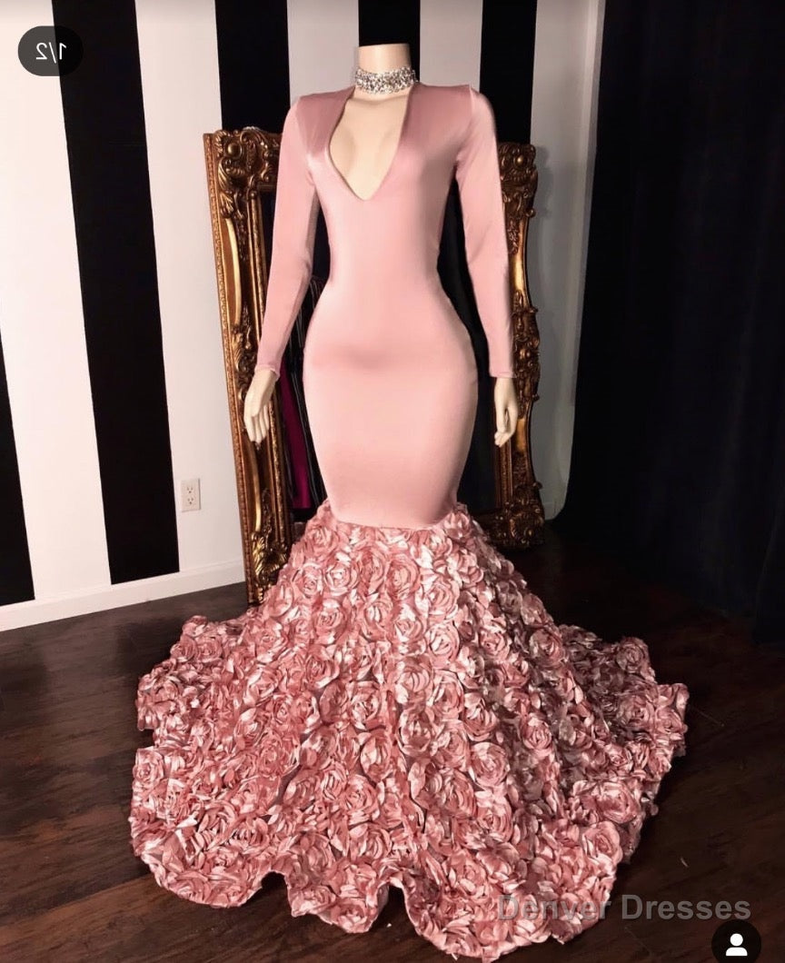 2025 Long Sleeve Dusty Rose V-neck Mermaid Prom Dresses