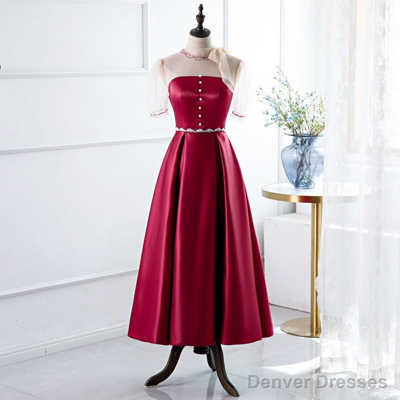 Red A-Line Round-Neck Evening Dress with Beading Main image