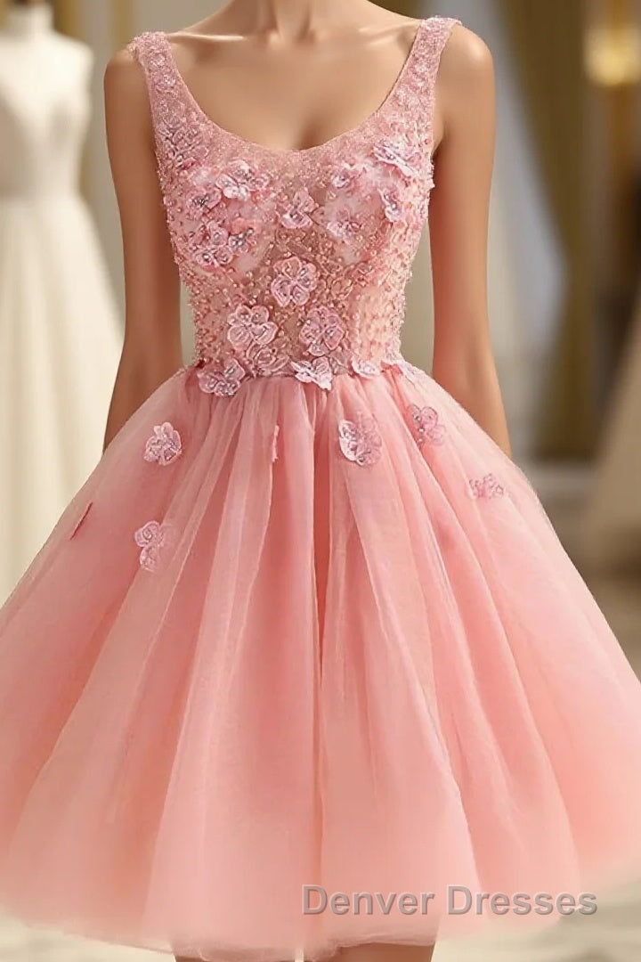 Cute A Line Pink Tulle Pearl Short Prom Dress, Homecoming Dress