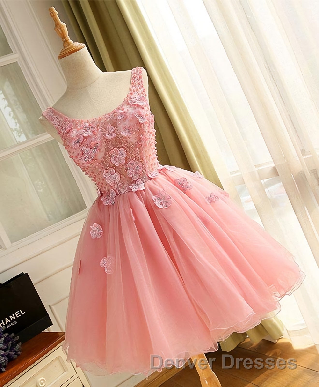 Cute A Line Pink Tulle Pearl Short Prom Dress, Homecoming Dress Secondary image