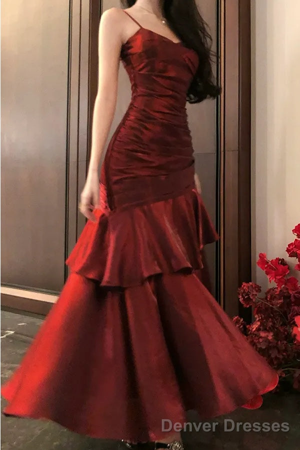 Spaghetti Strap V-Neck Plain Ruffle Panel Ruched Mermaid Prom Dresses Main image