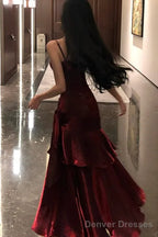 Spaghetti Strap V-Neck Plain Ruffle Panel Ruched Mermaid Prom Dresses