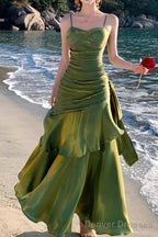 A-Line Green Prom Dress features spaghetti straps Evening Dresses