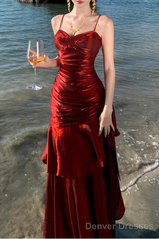 A-Line Burgundy Prom Dress features spaghetti straps Evening Dresses Main image