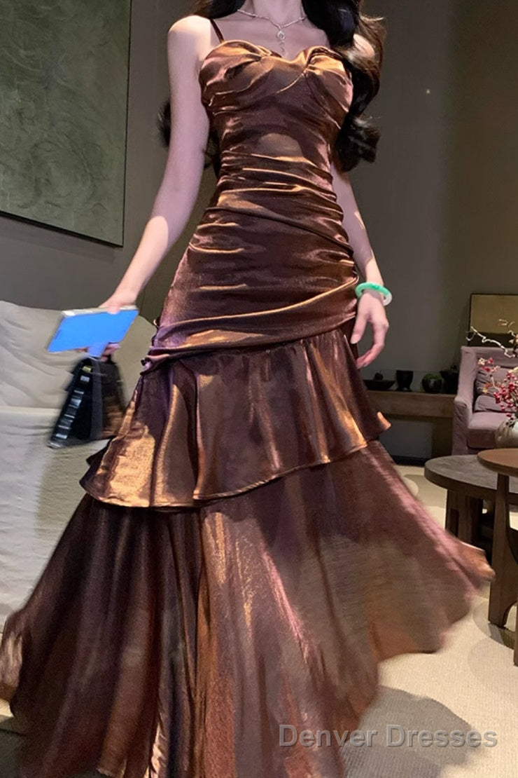 A-Line Brown Prom Dress features spaghetti straps Evening Dresses