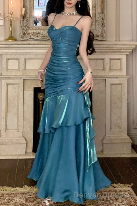 A-Line Blue Prom Dress features spaghetti straps Evening Dresses