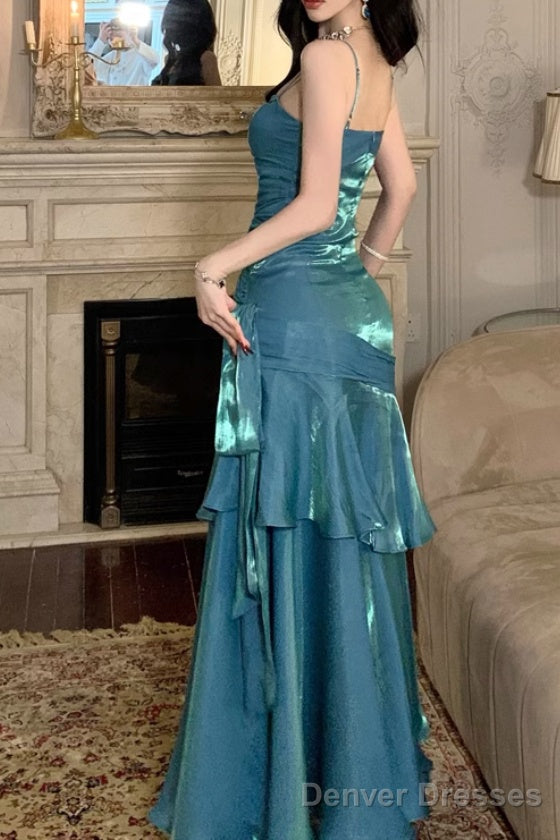 A-Line Blue Prom Dress features spaghetti straps Evening Dresses