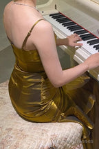 A-Line Gold Prom Dress features spaghetti straps Evening Dresses