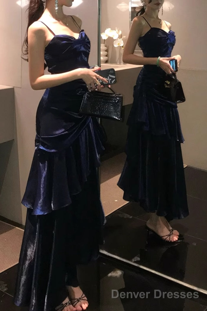 A-Line Dark Blue Prom Dress features spaghetti straps Evening Dresses