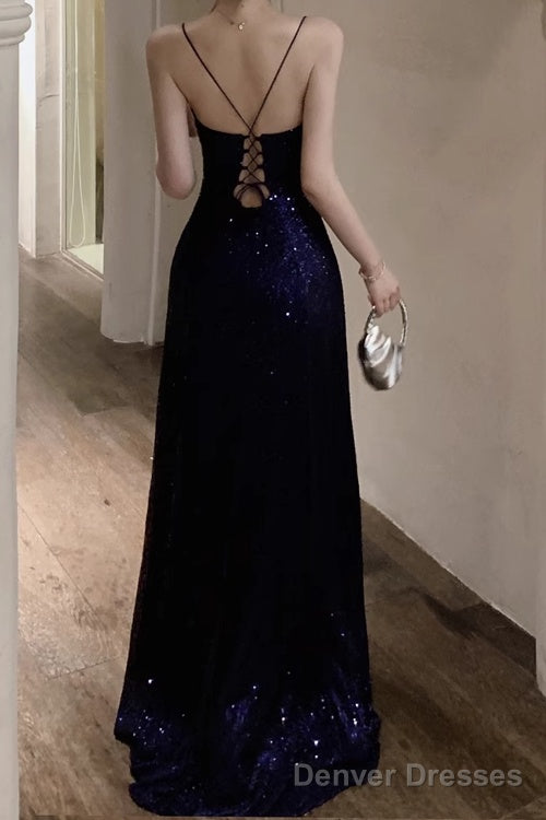 Spaghetti Strap V-Neck Prom Dress Glitter A-Line Maxi Dress