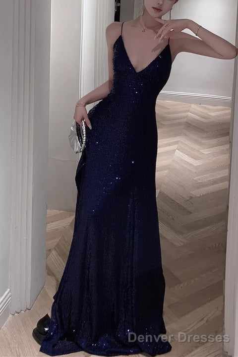 Spaghetti Strap V-Neck Prom Dress Glitter A-Line Maxi Dress